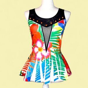 Mauve Floral Mesh Plunge Neck Peplum Top Women's Studded Retro 80s Neon Junior M